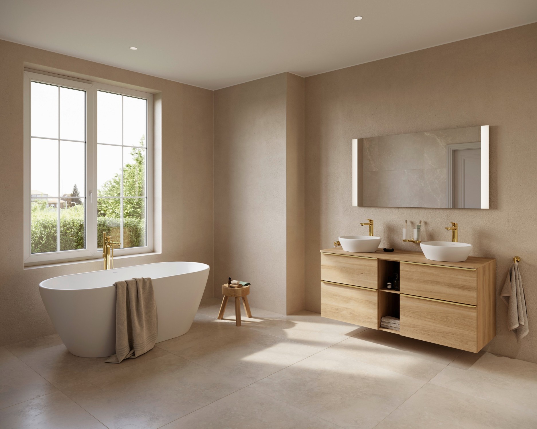 Gemütliches Badezimmer mit Duravit D-Neo freistehender Badewanne und Waschplatz