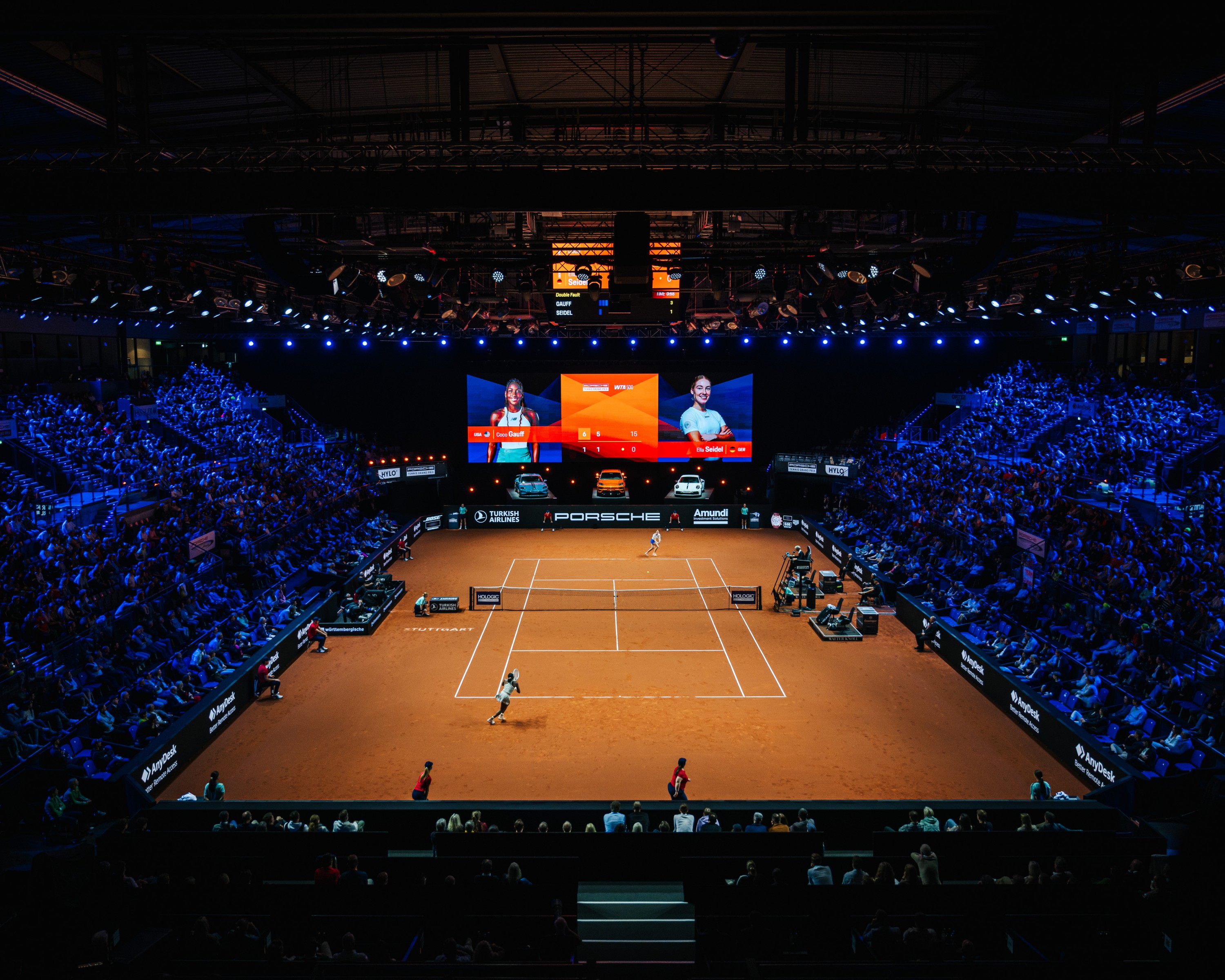 Interior view of the Porsche Arena during a tennis match 