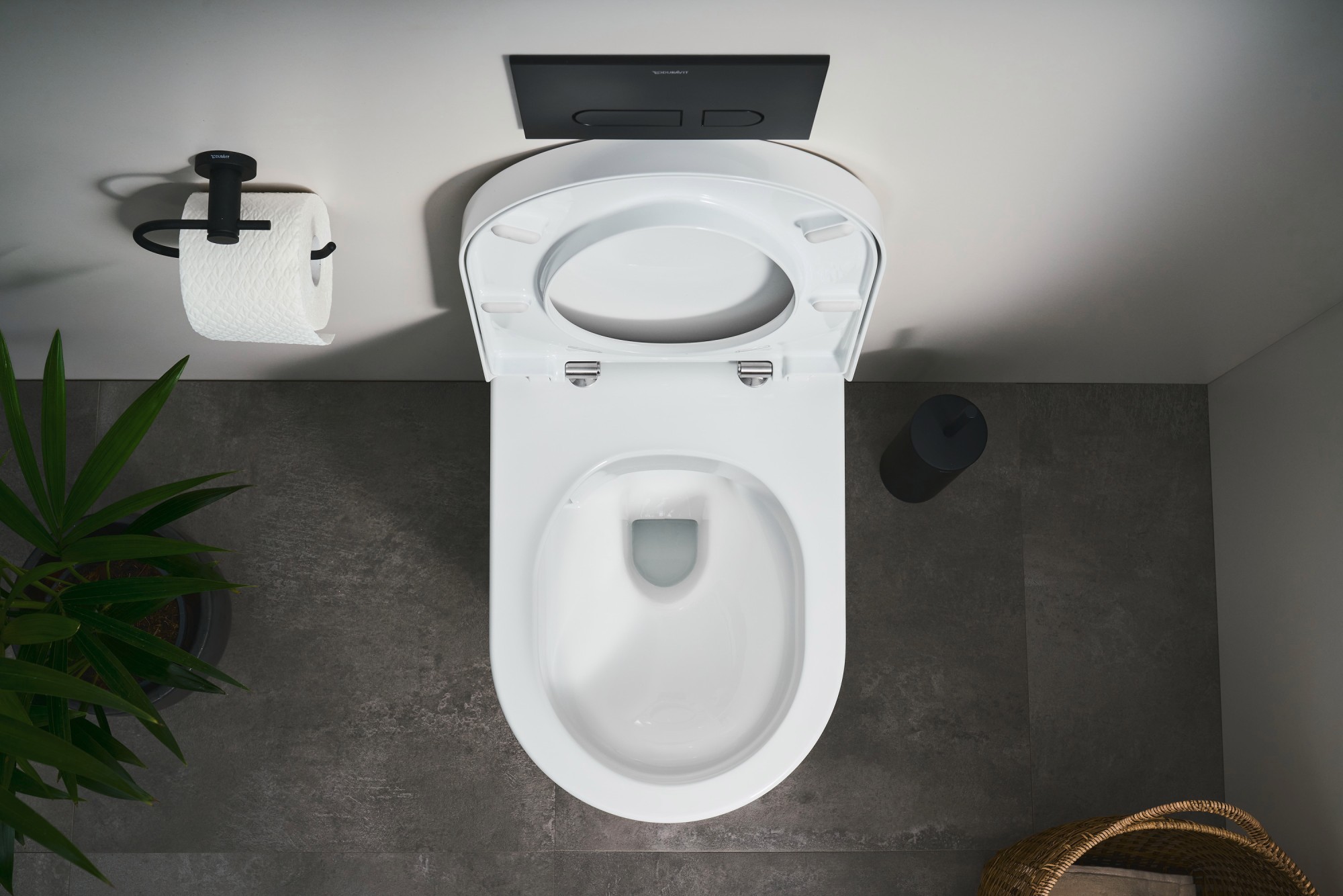 Duravit ME by Starck Hero Edition floor standing toilet with an open lid, viewed from above