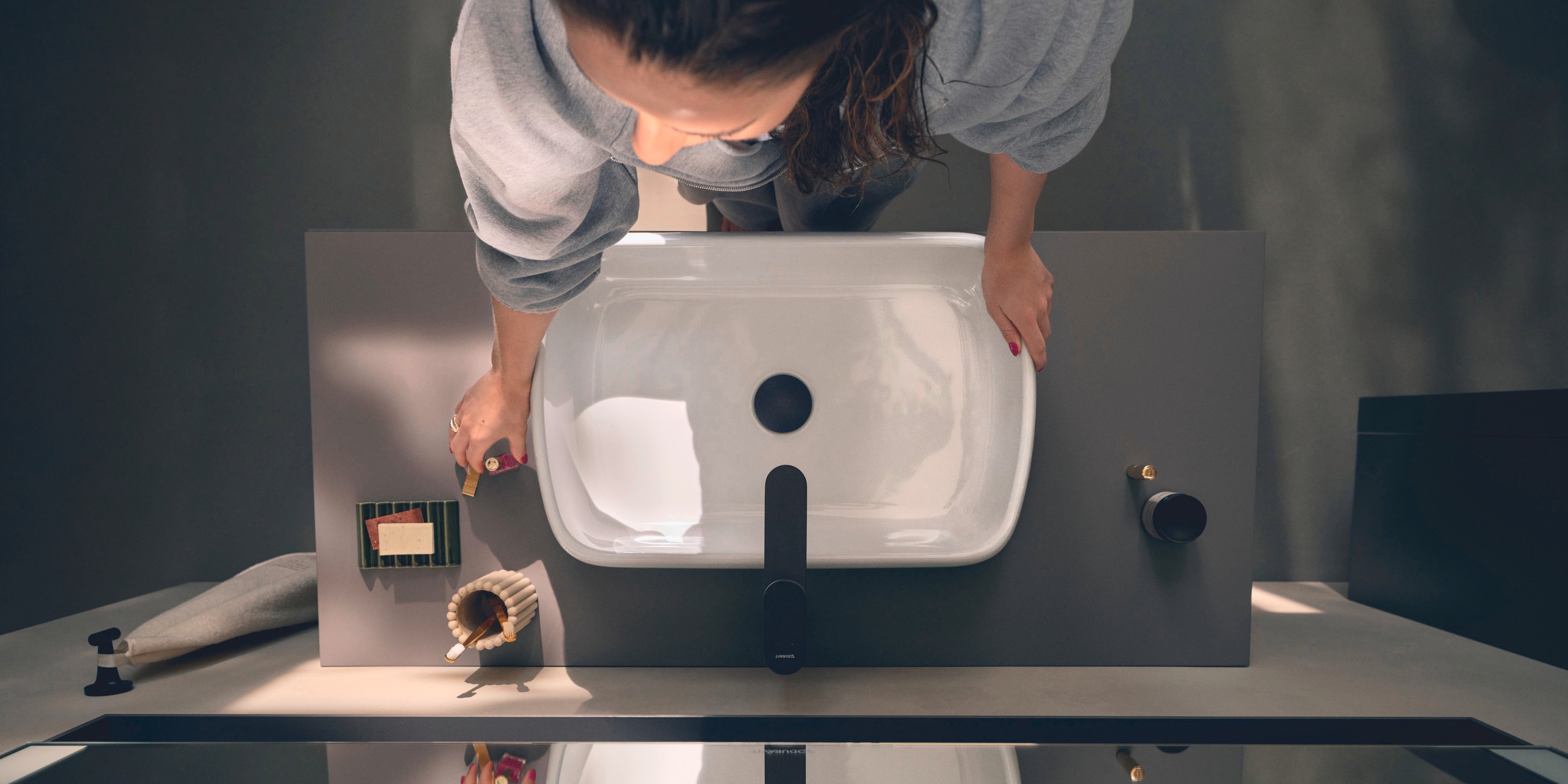 A bird's-eye view of the sink area from the Studio F. A. Porsche Collection by Duravit